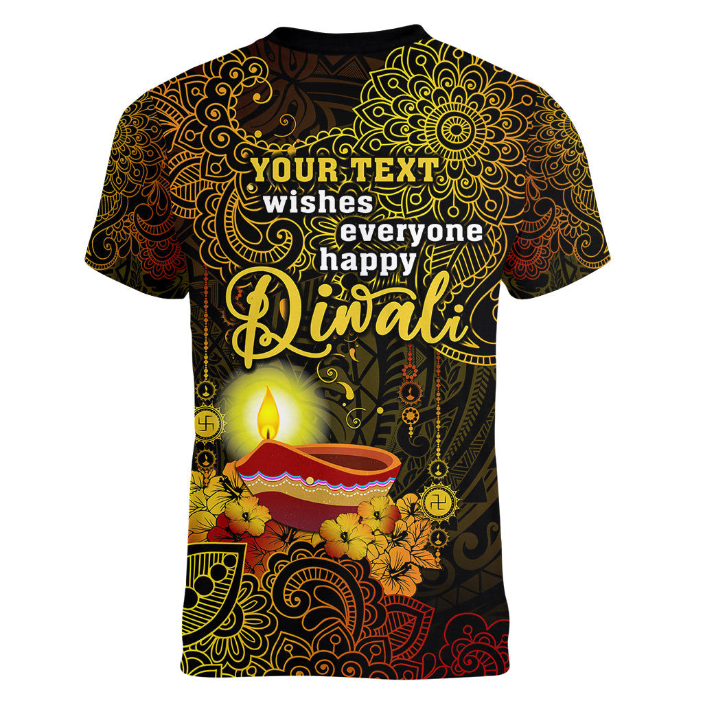 personalized-happy-diwali-festival-women-v-neck-t-shirt-diya-lamp-hibiscus-polynesian-pattern
