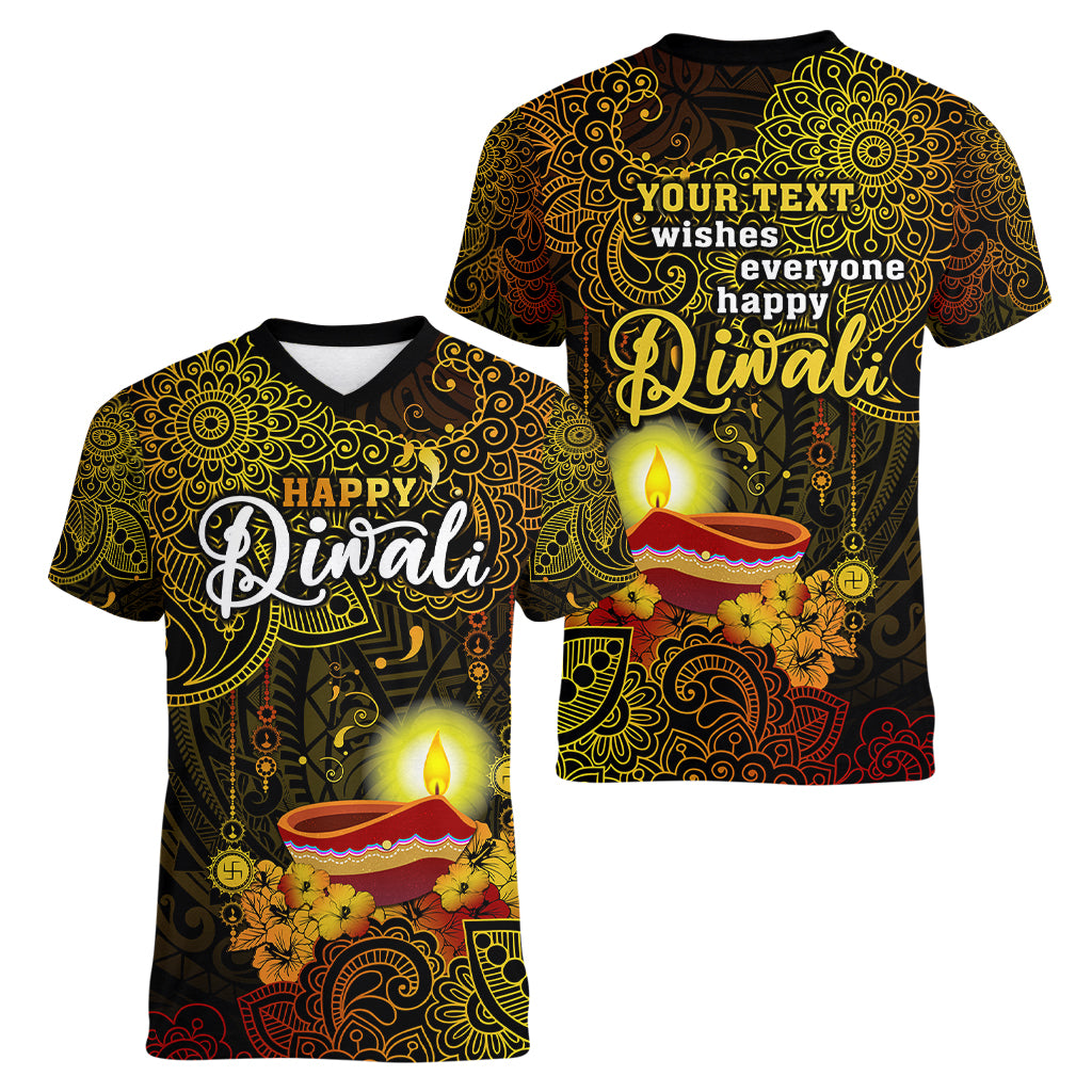 personalized-happy-diwali-festival-women-v-neck-t-shirt-diya-lamp-hibiscus-polynesian-pattern