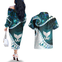 Aotearoa New Zealand Couples Matching Off The Shoulder Long Sleeve Dress and Hawaiian Shirt Maori Wera Paua Shell Teal Glitter