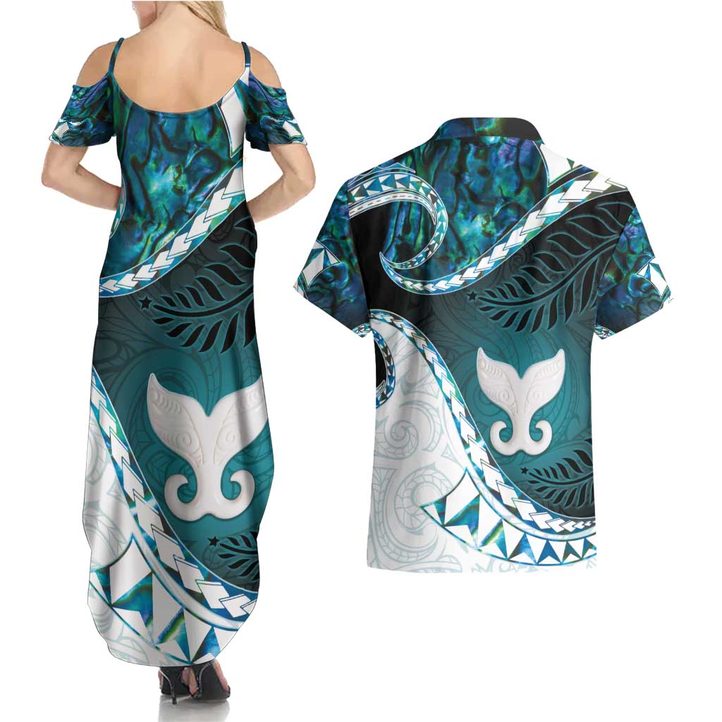 Aotearoa New Zealand Couples Matching Summer Maxi Dress and Hawaiian Shirt Maori Wera Paua Shell Teal Glitter