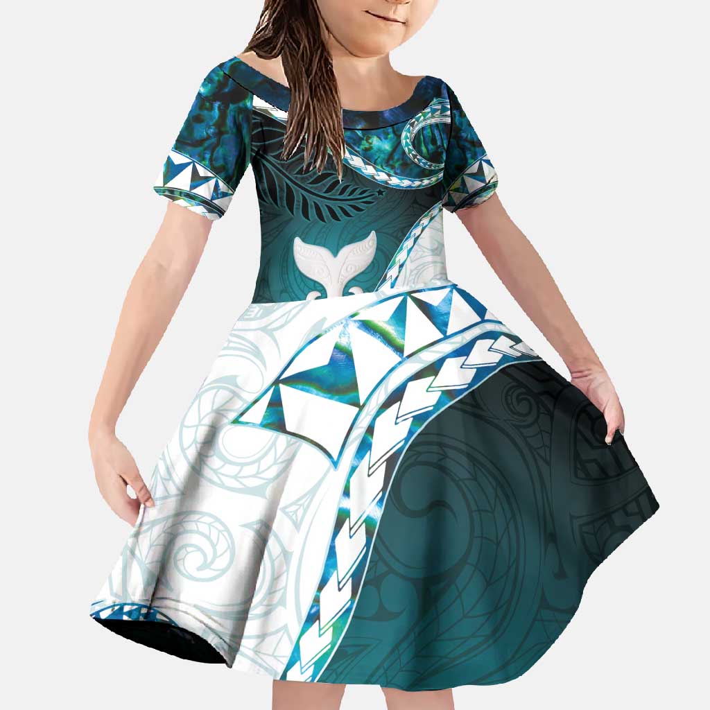 Aotearoa New Zealand Family Matching Short Sleeve Bodycon Dress and Hawaiian Shirt Maori Wera Paua Shell Teal Glitter