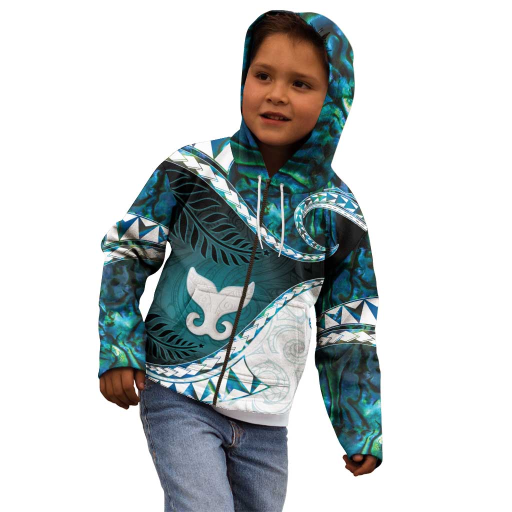 Aotearoa New Zealand Kid Hoodie Maori Wera Paua Shell Teal Glitter