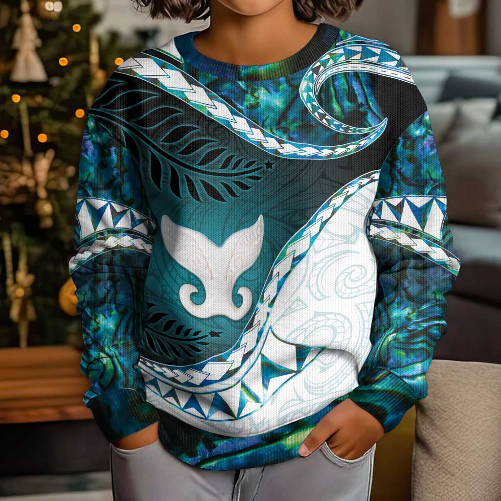 Aotearoa New Zealand Kid Ugly Christmas Sweater Maori Wera Paua Shell Teal Glitter
