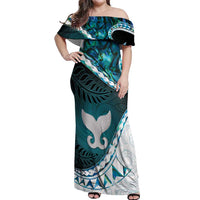 Aotearoa New Zealand Off Shoulder Maxi Dress Maori Wera Paua Shell Teal Glitter LT05 Women Teal - Polynesian Pride