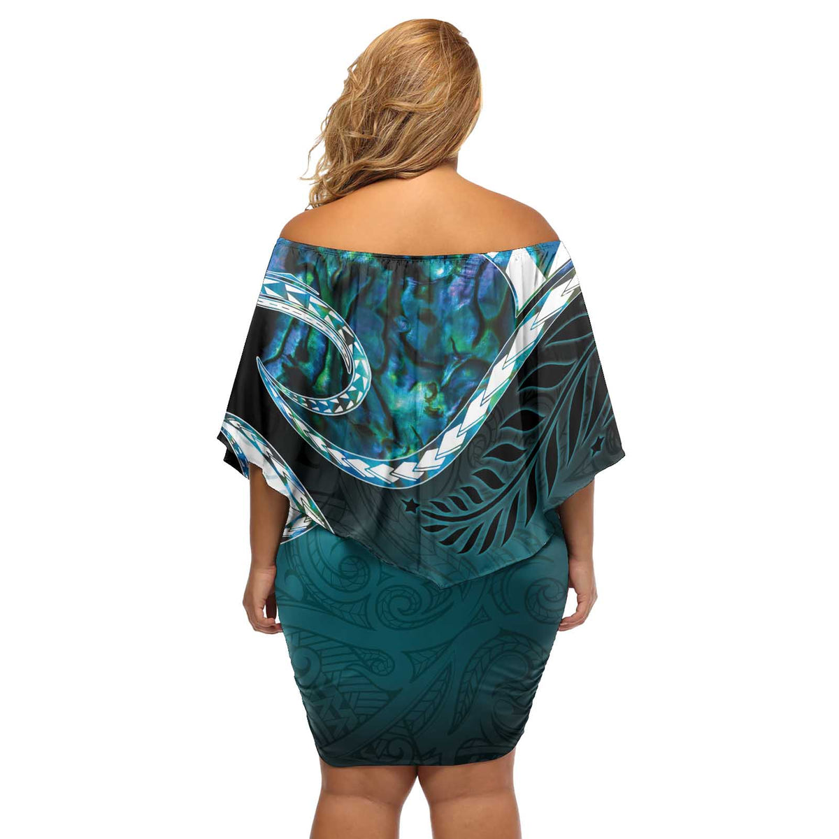 Aotearoa New Zealand Off Shoulder Short Dress Maori Wera Paua Shell Teal Glitter LT05 - Polynesian Pride