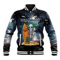 Personalised Hawaii Halloween Baseball Jacket Hallowaiian Skeleton Surf LT05 Unisex Black - Polynesian Pride