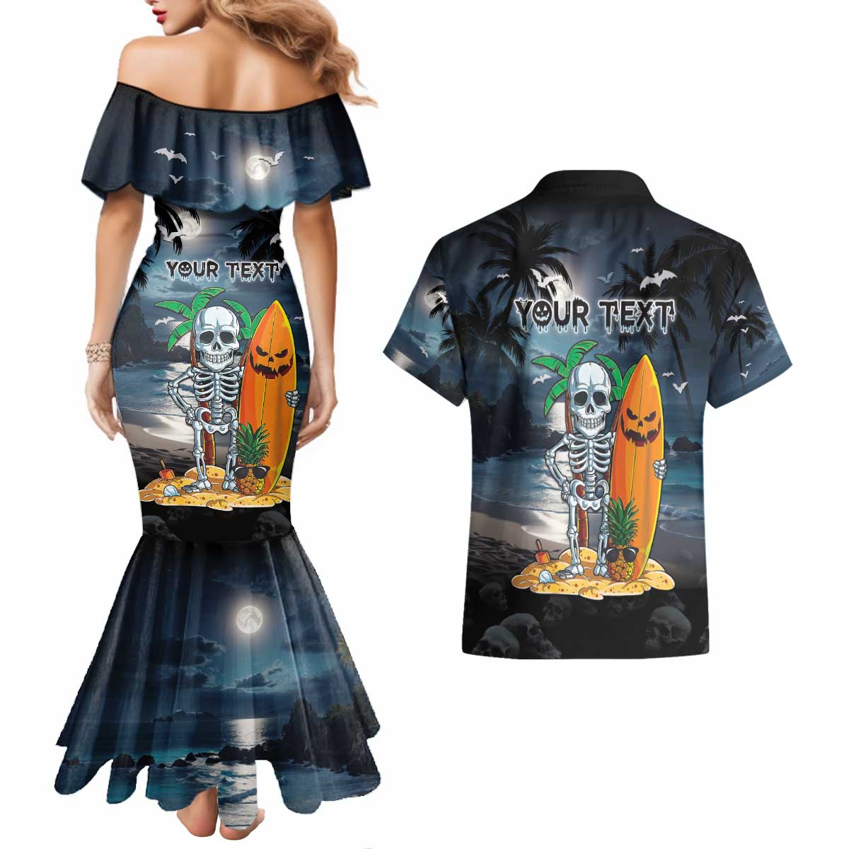 Personalised Hawaii Halloween Couples Matching Mermaid Dress and Hawaiian Shirt Hallowaiian Skeleton Surf