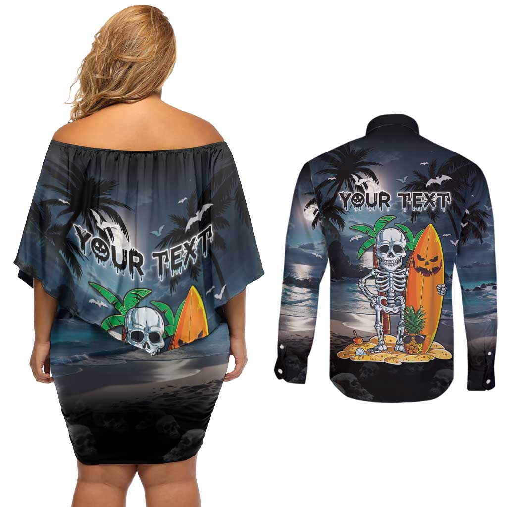 Personalised Hawaii Halloween Couples Matching Off Shoulder Short Dress and Long Sleeve Button Shirt Hallowaiian Skeleton Surf