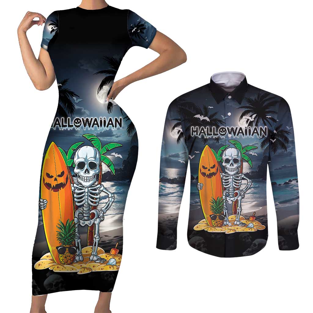 Personalised Hawaii Halloween Couples Matching Short Sleeve Bodycon Dress and Long Sleeve Button Shirt Hallowaiian Skeleton Surf