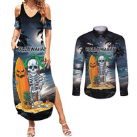 Personalised Hawaii Halloween Couples Matching Summer Maxi Dress and Long Sleeve Button Shirt Hallowaiian Skeleton Surf