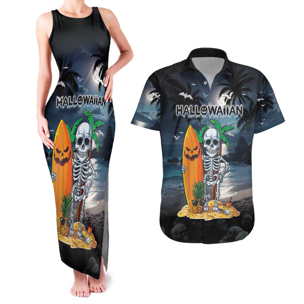 Personalised Hawaii Halloween Couples Matching Tank Maxi Dress and Hawaiian Shirt Hallowaiian Skeleton Surf