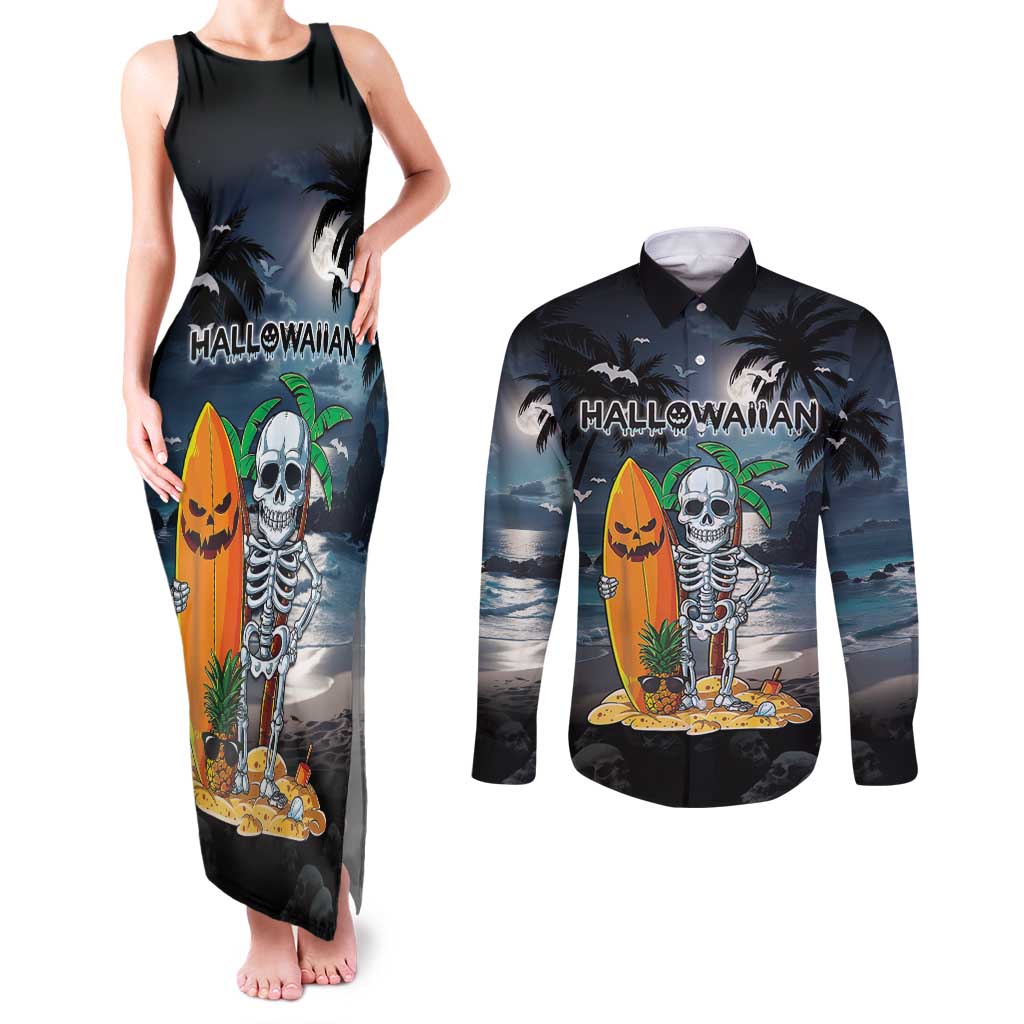 Personalised Hawaii Halloween Couples Matching Tank Maxi Dress and Long Sleeve Button Shirt Hallowaiian Skeleton Surf