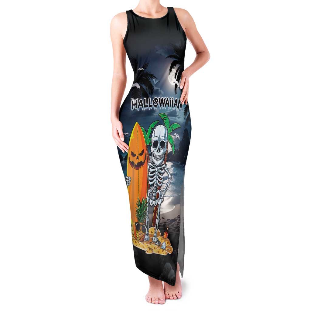 Personalised Hawaii Halloween Family Matching Tank Maxi Dress and Hawaiian Shirt Hallowaiian Skeleton Surf