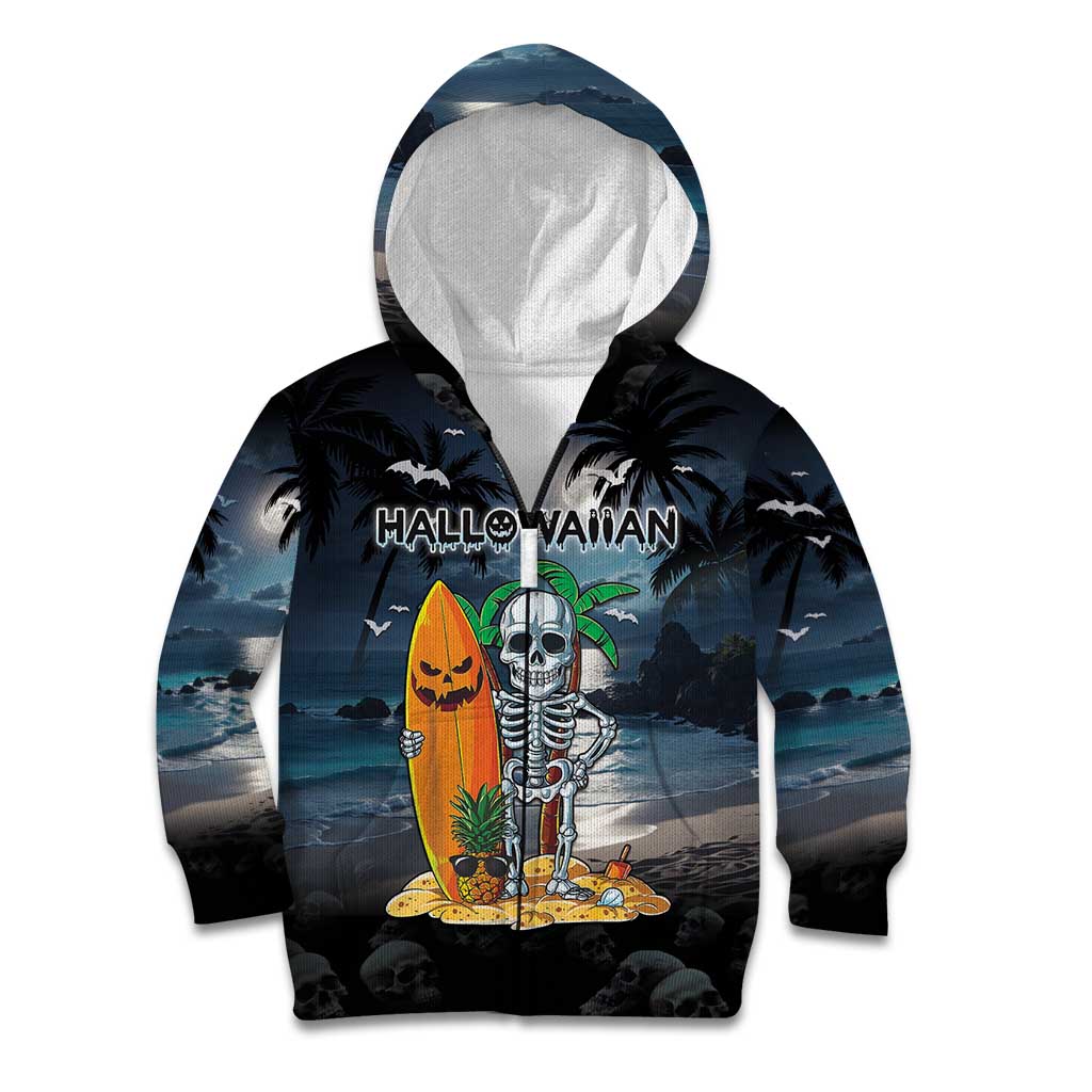 Personalised Hawaii Halloween Kid Hoodie Hallowaiian Skeleton Surf LT05 Zip Hoodie Black - Polynesian Pride