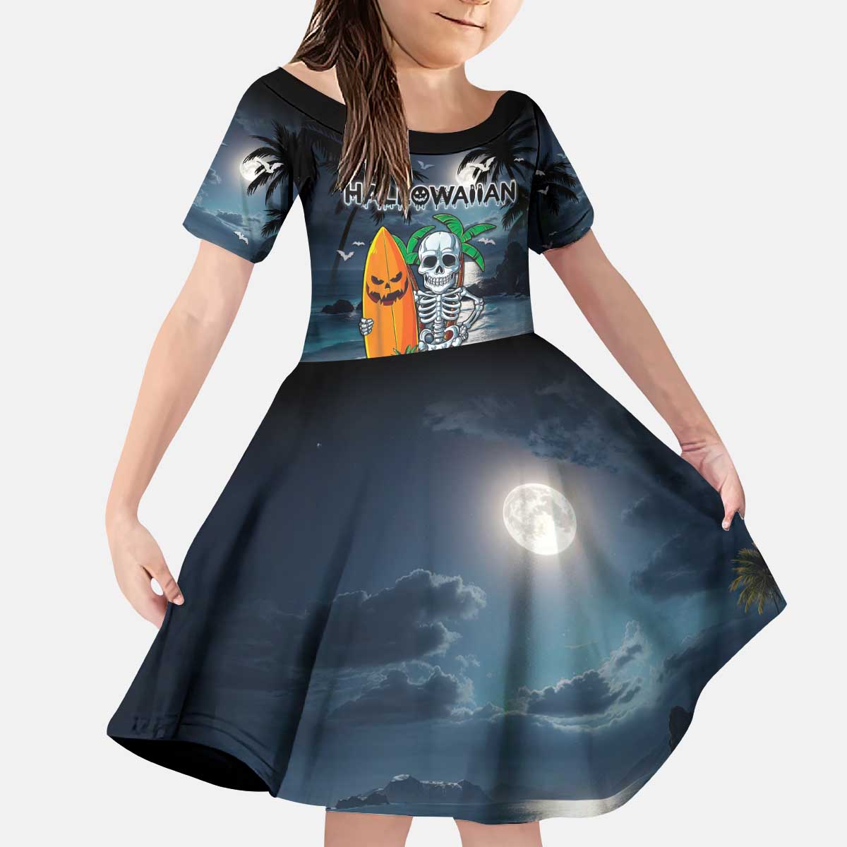 Personalised Hawaii Halloween Kid Short Sleeve Dress Hallowaiian Skeleton Surf LT05 KID Black - Polynesian Pride