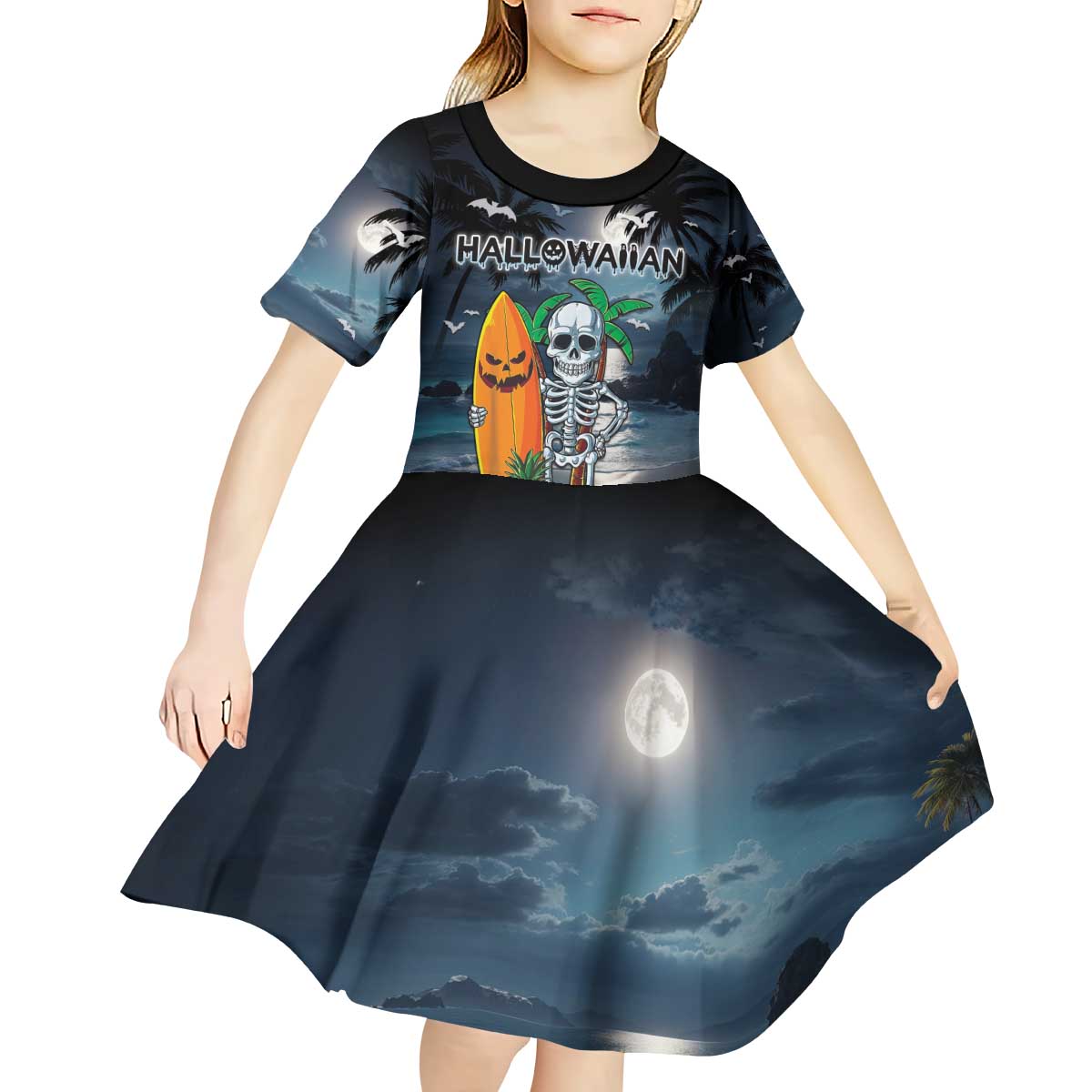 Personalised Hawaii Halloween Kid Short Sleeve Dress Hallowaiian Skeleton Surf LT05 - Polynesian Pride