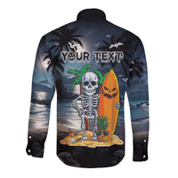 Personalised Hawaii Halloween Long Sleeve Button Shirt Hallowaiian Skeleton Surf