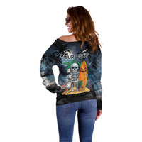 Personalised Hawaii Halloween Off Shoulder Sweater Hallowaiian Skeleton Surf