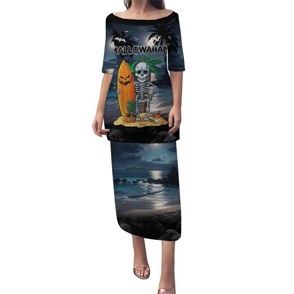 Personalised Hawaii Halloween Puletasi Hallowaiian Skeleton Surf