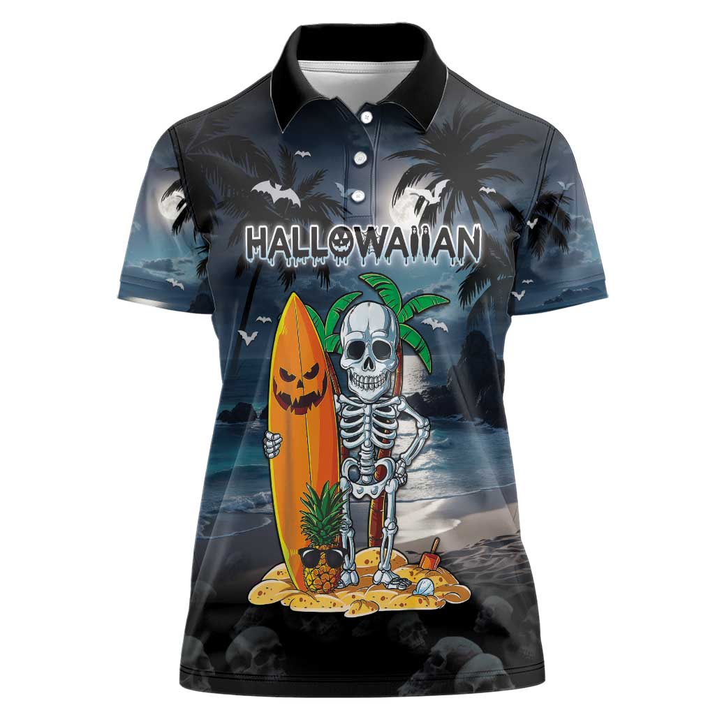 Personalised Hawaii Halloween Women Polo Shirt Hallowaiian Skeleton Surf