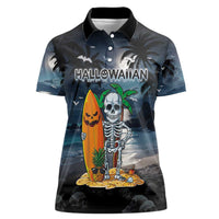 Personalised Hawaii Halloween Women Polo Shirt Hallowaiian Skeleton Surf