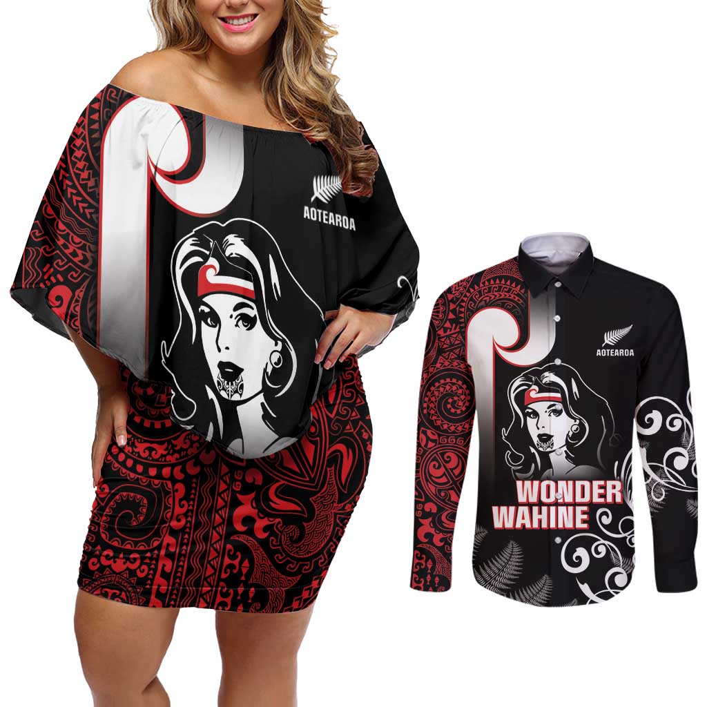 New Zealand Aotearoa Mana Wahine Couples Matching Off Shoulder Short Dress and Long Sleeve Button Shirt LT05 Black - Polynesian Pride
