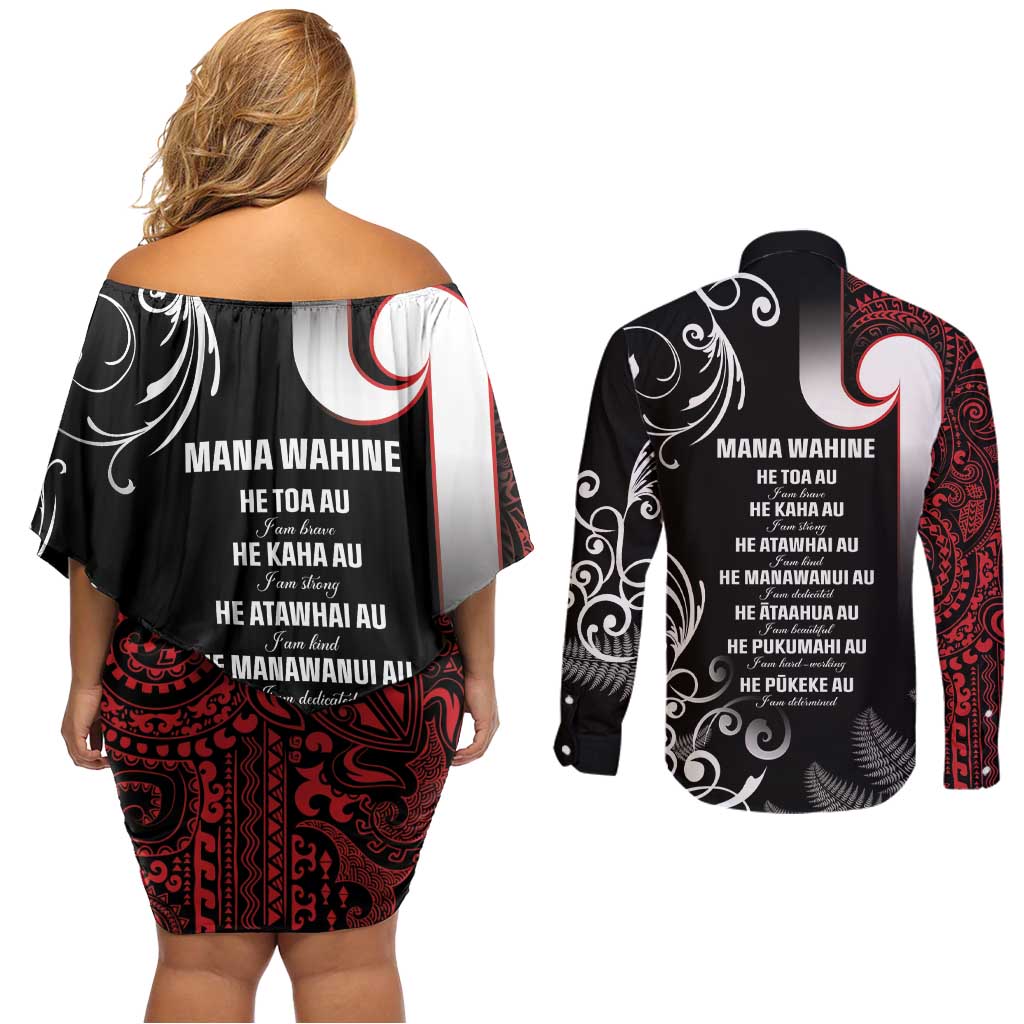 New Zealand Aotearoa Mana Wahine Couples Matching Off Shoulder Short Dress and Long Sleeve Button Shirt LT05 - Polynesian Pride