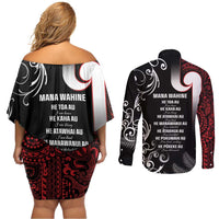 New Zealand Aotearoa Mana Wahine Couples Matching Off Shoulder Short Dress and Long Sleeve Button Shirt LT05 - Polynesian Pride