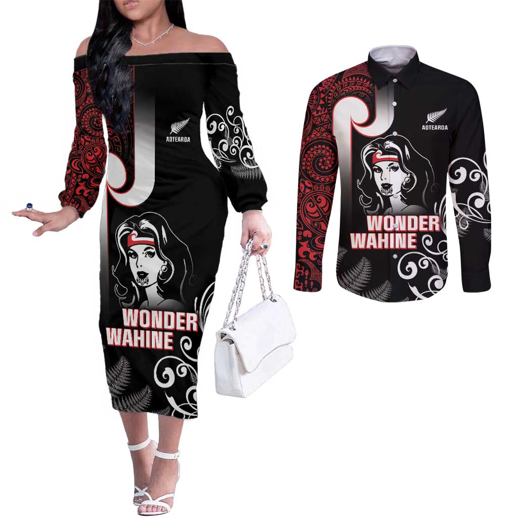 New Zealand Aotearoa Mana Wahine Couples Matching Off The Shoulder Long Sleeve Dress and Long Sleeve Button Shirt