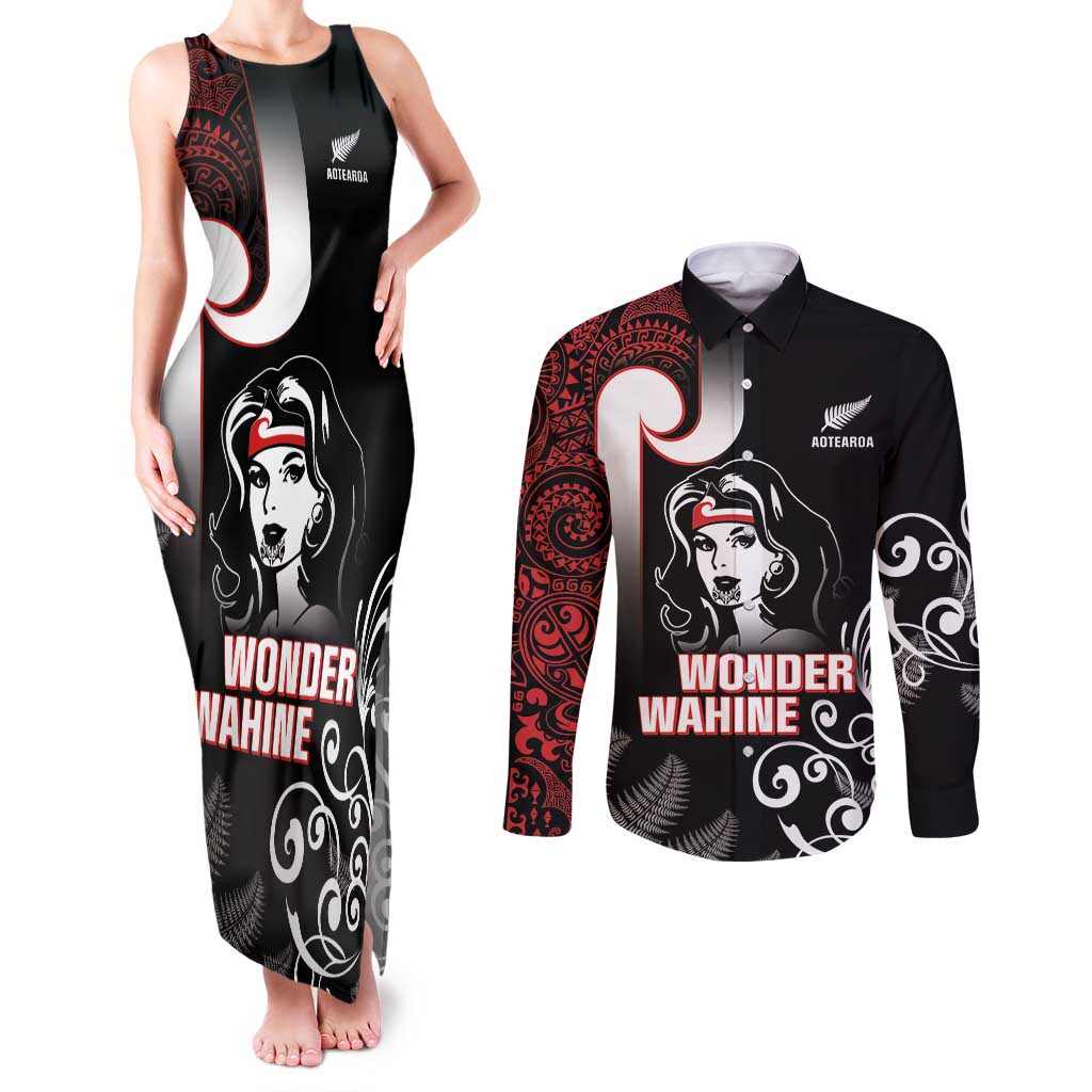 New Zealand Aotearoa Mana Wahine Couples Matching Tank Maxi Dress and Long Sleeve Button Shirt LT05 Black - Polynesian Pride