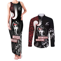 New Zealand Aotearoa Mana Wahine Couples Matching Tank Maxi Dress and Long Sleeve Button Shirt LT05 Black - Polynesian Pride