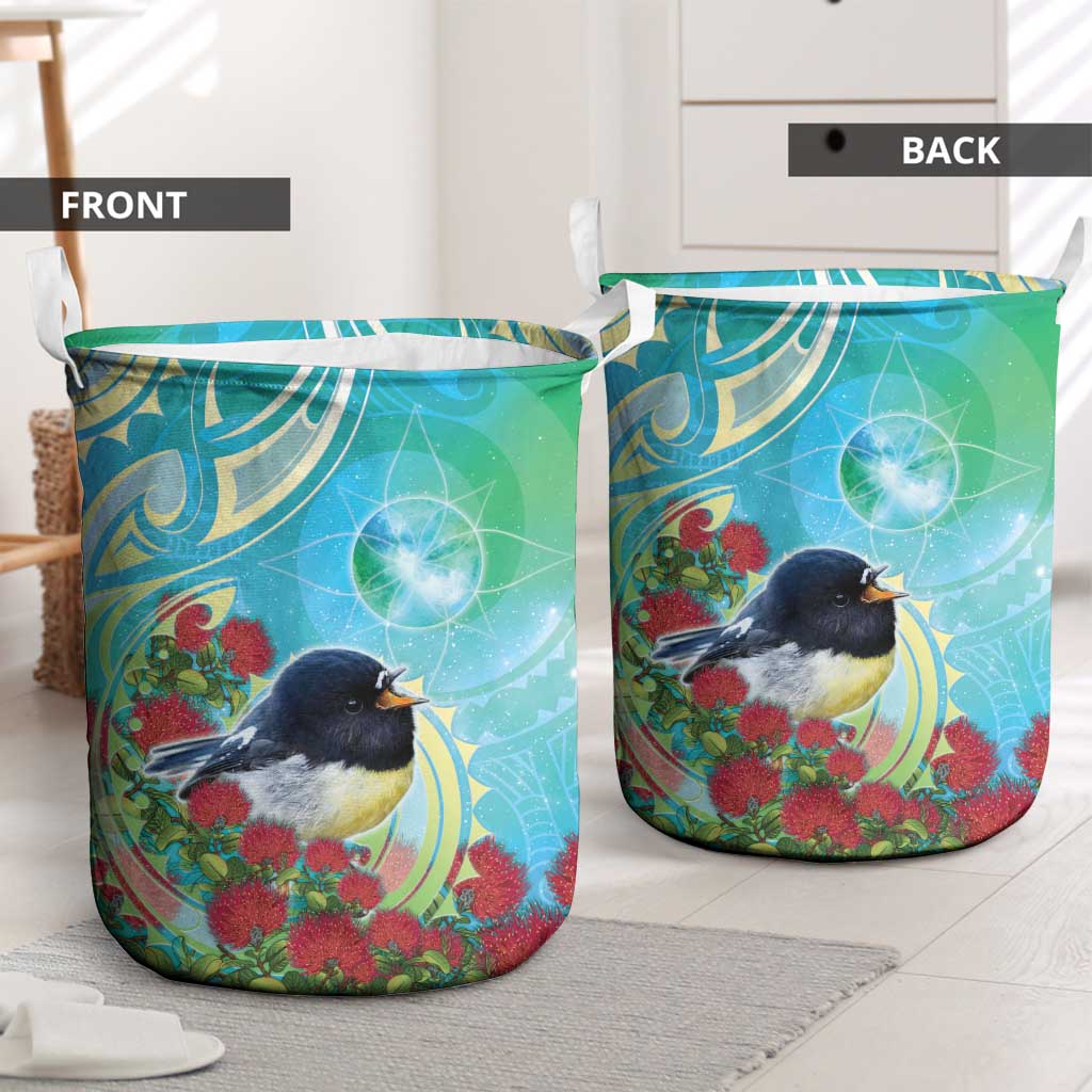 New Zealand Tomtit Laundry Basket Maori Koru With Pohutukawa Galaxy Style - Polynesian Pride