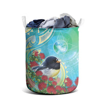 New Zealand Tomtit Laundry Basket Maori Koru With Pohutukawa Galaxy Style - Polynesian Pride