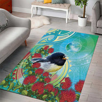 New Zealand Tomtit Area Rug Maori Koru With Pohutukawa Galaxy Style - Polynesian Pride