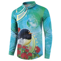New Zealand Tomtit Button Sweatshirt Maori Koru With Pohutukawa Galaxy Style - Polynesian Pride