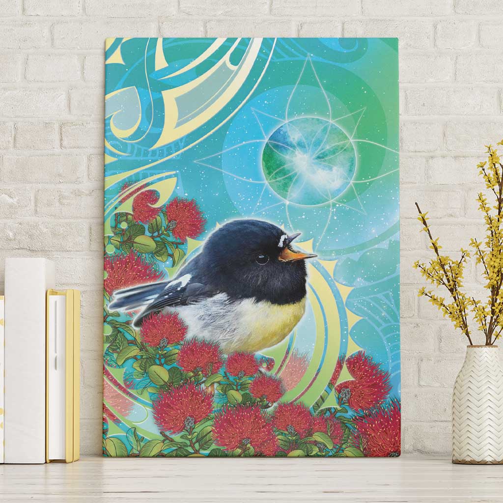 New Zealand Tomtit Canvas Wall Art Maori Koru With Pohutukawa Galaxy Style - Polynesian Pride