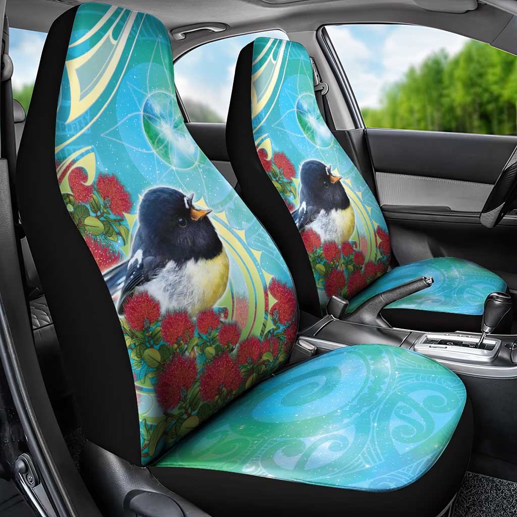 New Zealand Tomtit Car Seat Cover Maori Koru With Pohutukawa Galaxy Style - Polynesian Pride