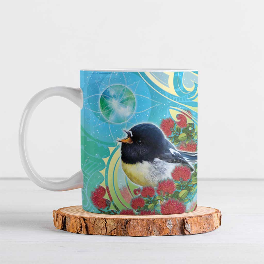 New Zealand Tomtit Ceramic Mug Maori Koru With Pohutukawa Galaxy Style - Polynesian Pride