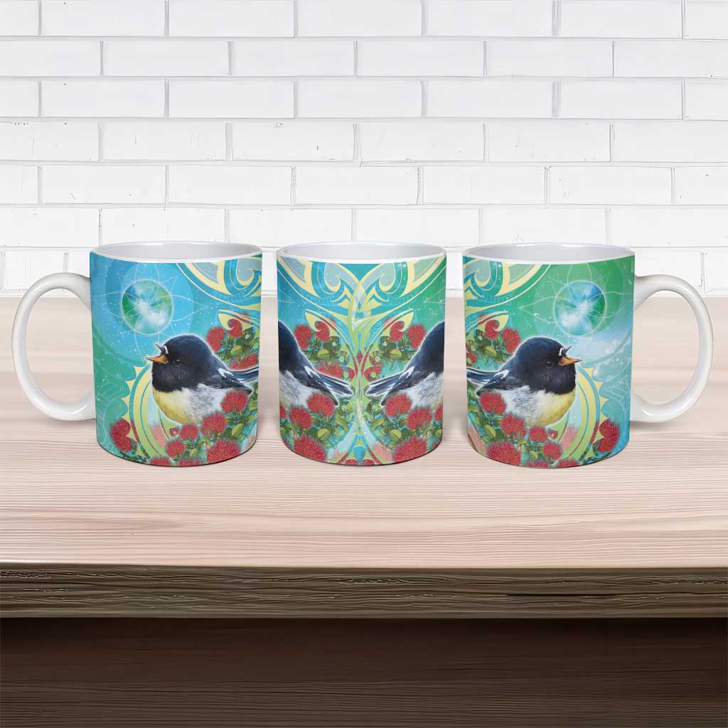 New Zealand Tomtit Ceramic Mug Maori Koru With Pohutukawa Galaxy Style - Polynesian Pride