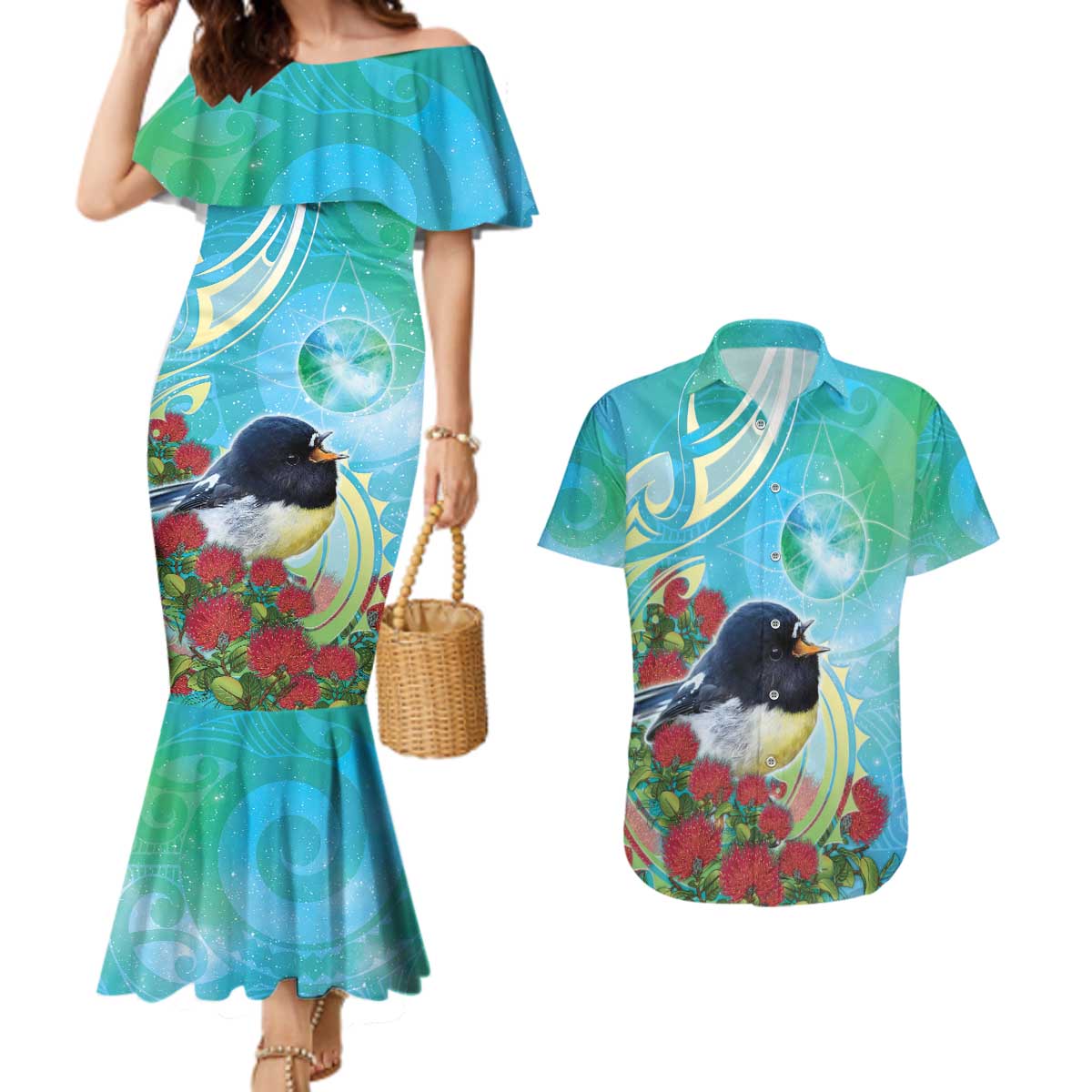 New Zealand Tomtit Couples Matching Mermaid Dress and Hawaiian Shirt Maori Koru With Pohutukawa Galaxy Style - Polynesian Pride