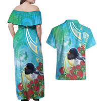 New Zealand Tomtit Couples Matching Off Shoulder Maxi Dress and Hawaiian Shirt Maori Koru With Pohutukawa Galaxy Style - Polynesian Pride