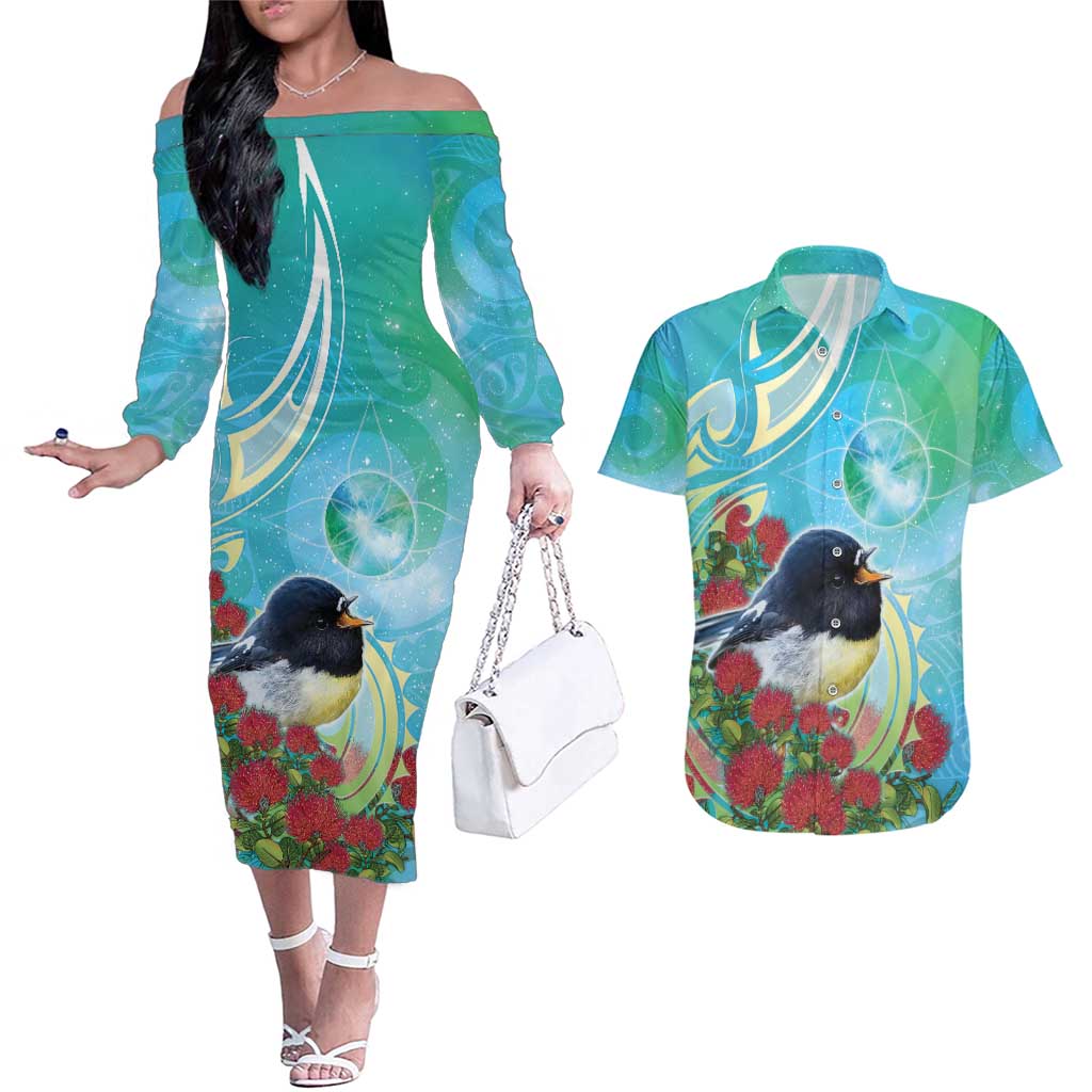 New Zealand Tomtit Couples Matching Off The Shoulder Long Sleeve Dress and Hawaiian Shirt Maori Koru With Pohutukawa Galaxy Style - Polynesian Pride