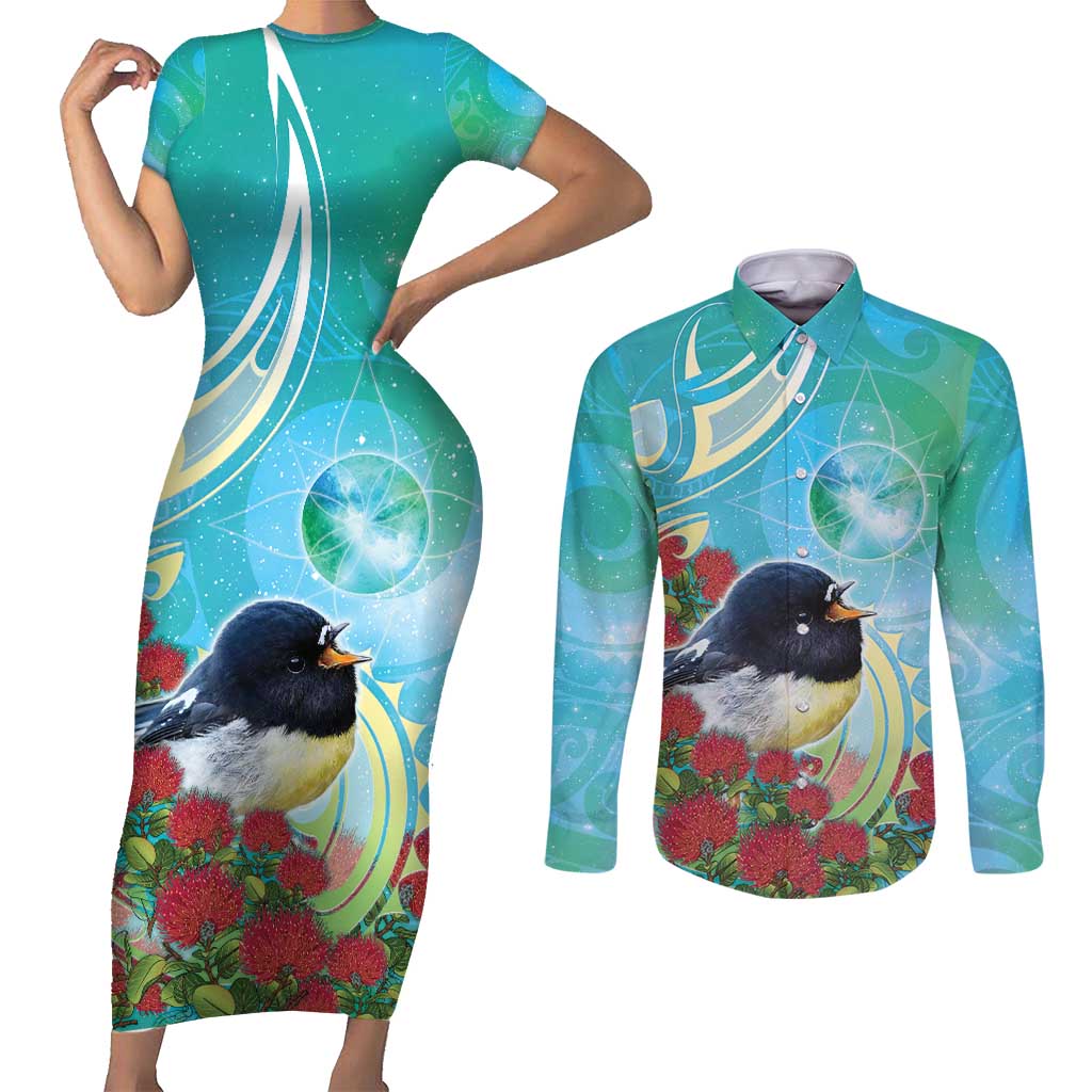 New Zealand Tomtit Couples Matching Short Sleeve Bodycon Dress and Long Sleeve Button Shirt Maori Koru With Pohutukawa Galaxy Style - Polynesian Pride
