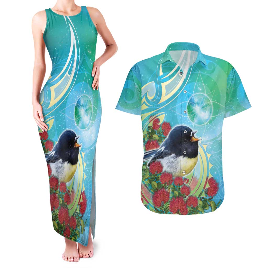New Zealand Tomtit Couples Matching Tank Maxi Dress and Hawaiian Shirt Maori Koru With Pohutukawa Galaxy Style - Polynesian Pride