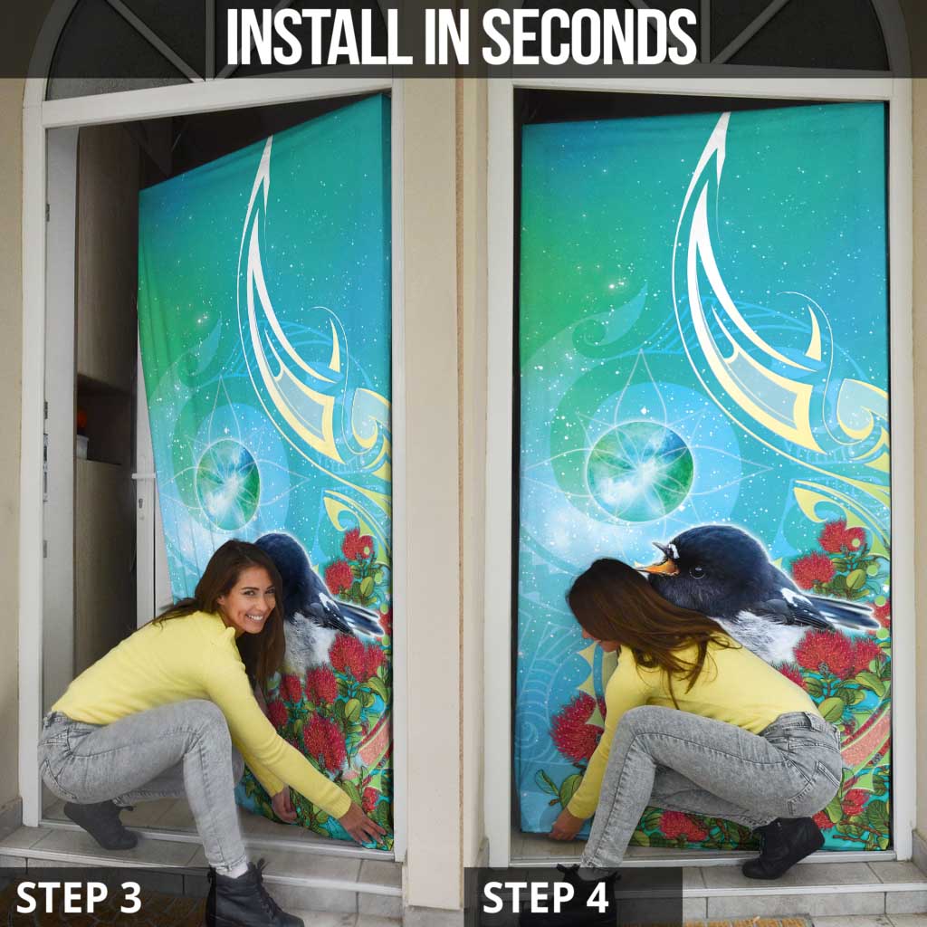 New Zealand Tomtit Door Cover Maori Koru With Pohutukawa Galaxy Style - Polynesian Pride