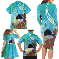 New Zealand Tomtit Family Matching Long Sleeve Bodycon Dress and Hawaiian Shirt Maori Koru With Pohutukawa Galaxy Style - Polynesian Pride