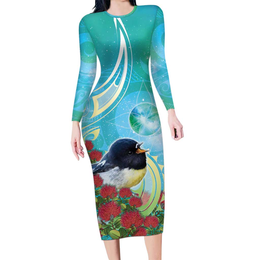 New Zealand Tomtit Family Matching Long Sleeve Bodycon Dress and Hawaiian Shirt Maori Koru With Pohutukawa Galaxy Style - Polynesian Pride