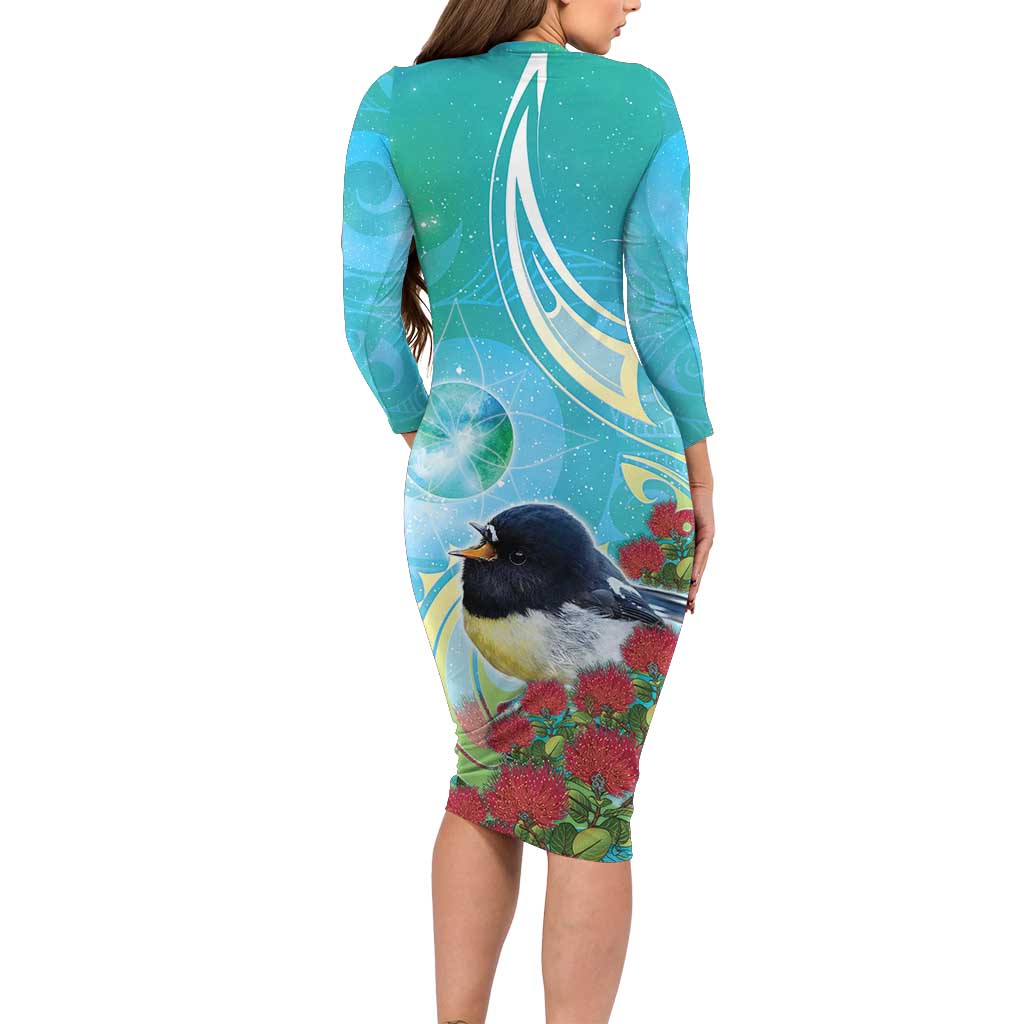 New Zealand Tomtit Family Matching Long Sleeve Bodycon Dress and Hawaiian Shirt Maori Koru With Pohutukawa Galaxy Style - Polynesian Pride