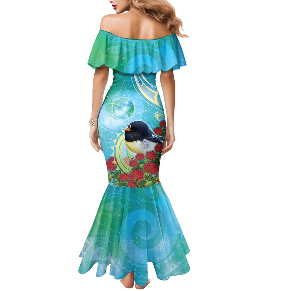 New Zealand Tomtit Family Matching Mermaid Dress and Hawaiian Shirt Maori Koru With Pohutukawa Galaxy Style - Polynesian Pride