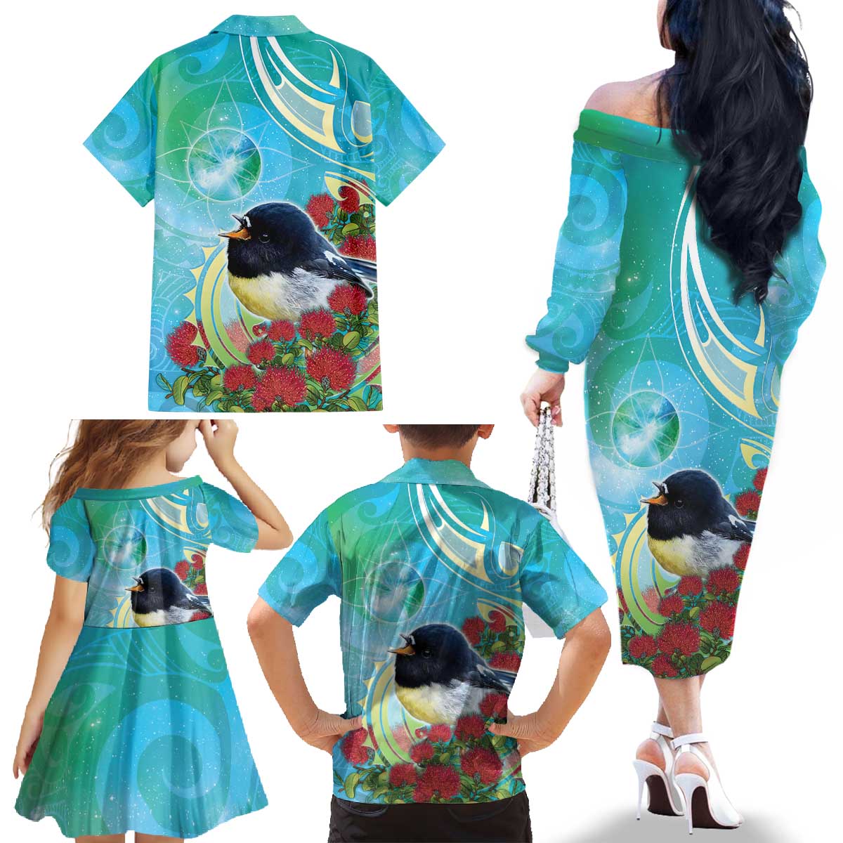 New Zealand Tomtit Family Matching Off The Shoulder Long Sleeve Dress and Hawaiian Shirt Maori Koru With Pohutukawa Galaxy Style - Polynesian Pride